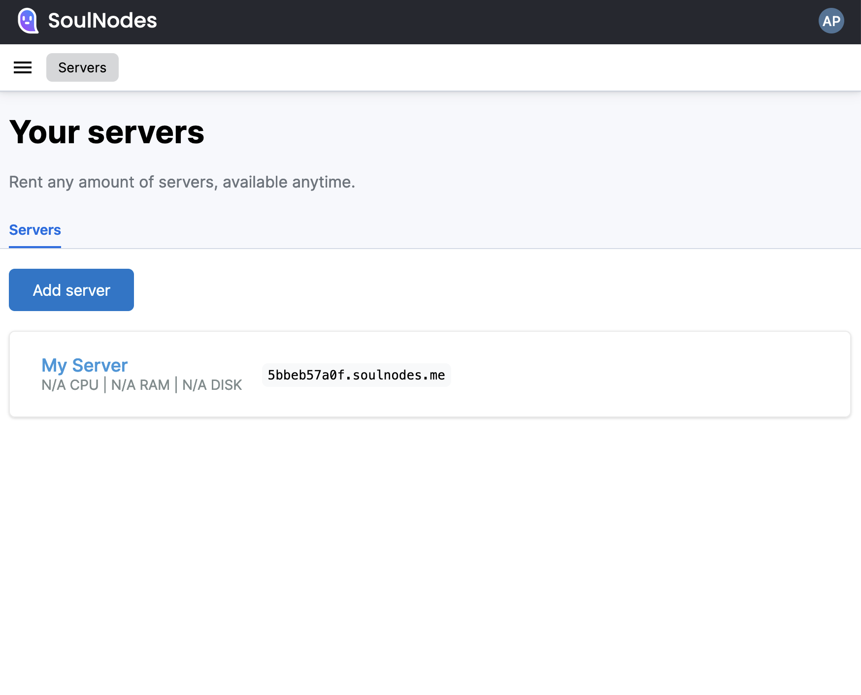 Screenshot of the SoulNodes dashboard listing a server named 'My Server'